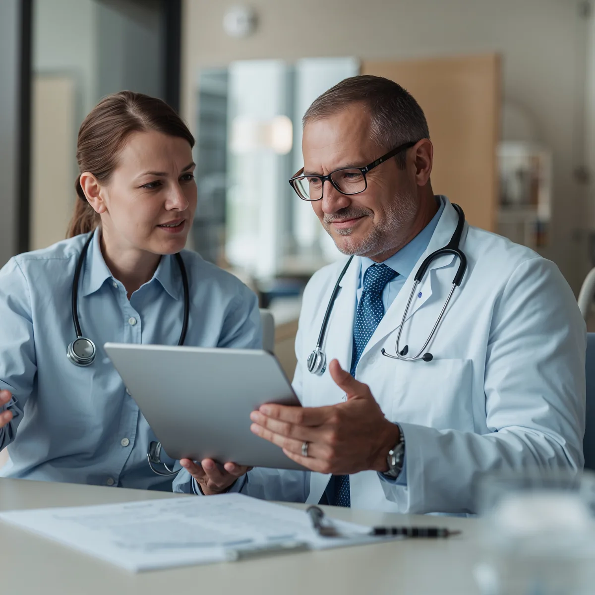 Médecin et soignante présentant un dossier sur tablette : clarté de la décision partagée avec le patient
