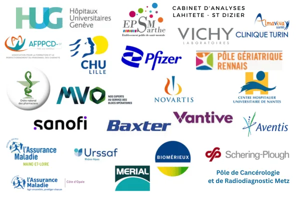 Logos de clients de Face-Patient : hôpitaux, cliniques, laboratoires pharmaceutiques et assurance maladie